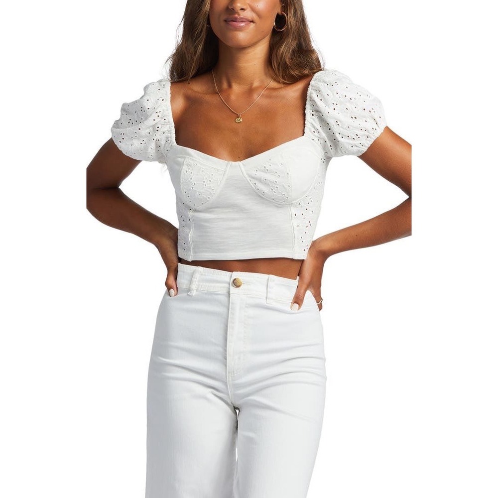 Billabong White Eyelet Puff Sleeve Corset Crop Top S